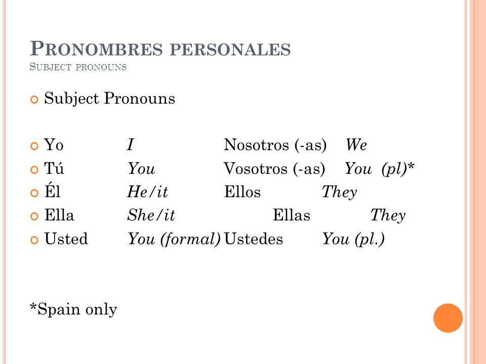 P RONOMBRES PERSONALES S UBJECT PRONOUNS Subject Pronouns Yo I Nosotros (-as) We Tú You Vosotros (-as) You (pl)* Él He/it Ellos They Ella She/it Ellas They Usted You (formal) Ustedes You (pl.) *Spain only