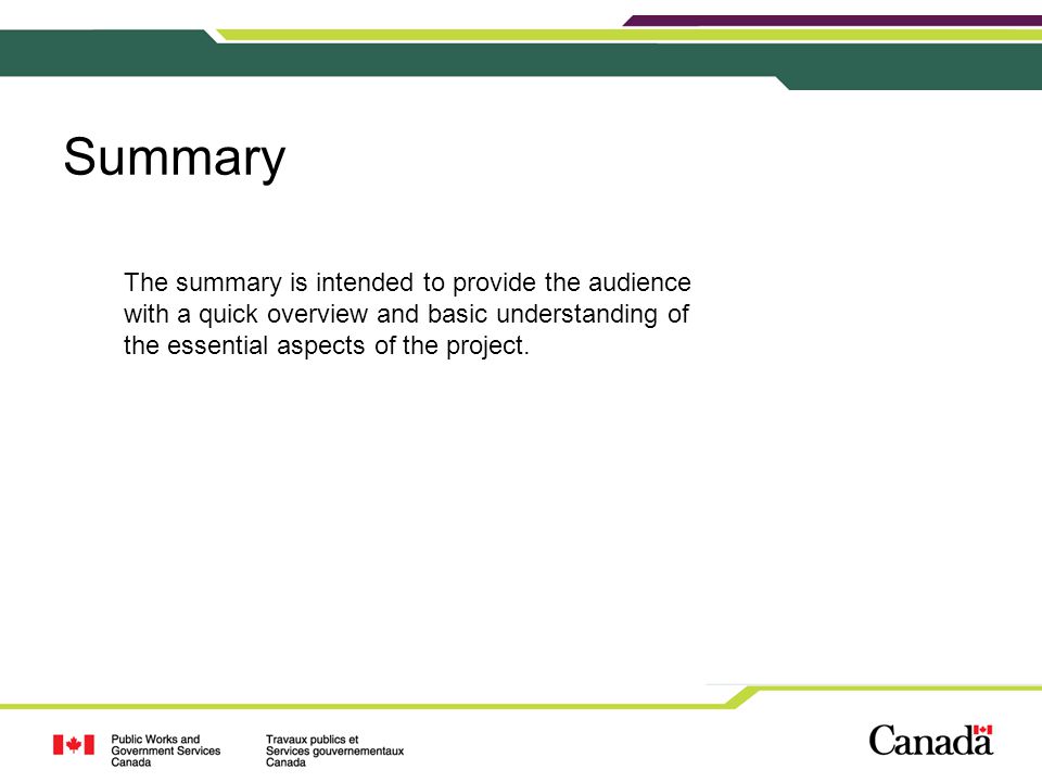 Summary The summary is intended to provide the audience with a quick overview and basic understanding of the essential aspects of the project.
