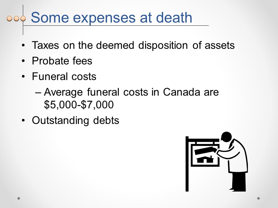 Some expenses at death Taxes on the deemed disposition of assets Probate fees Funeral costs –Average funeral costs in Canada are $5,000-$7,000 Outstanding debts