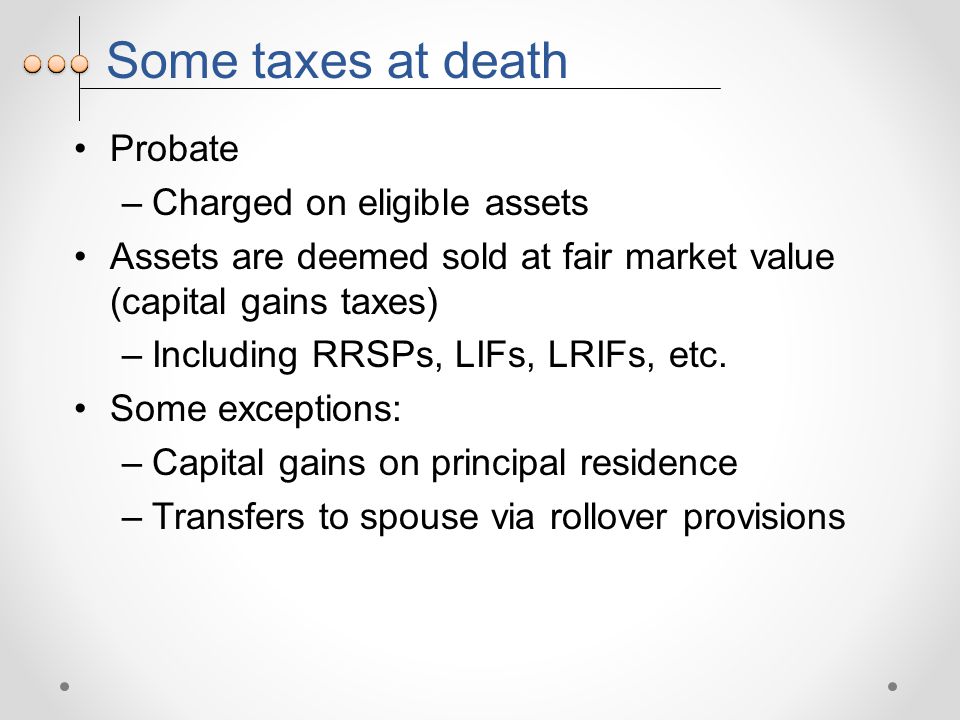 Some taxes at death Probate –Charged on eligible assets Assets are deemed sold at fair market value (capital gains taxes) –Including RRSPs, LIFs, LRIFs, etc.