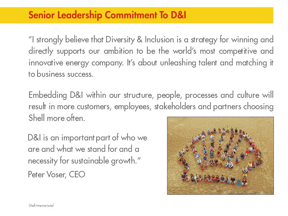 Shell International I strongly believe that Diversity & Inclusion is a strategy for winning and directly supports our ambition to be the world’s most competitive and innovative energy company.