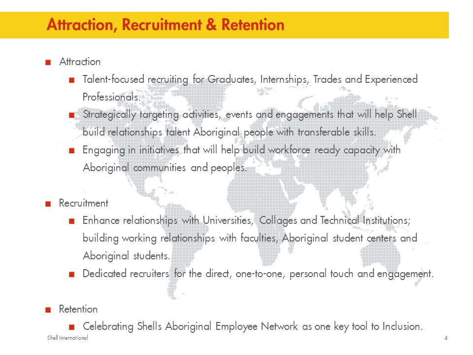 4Shell International Attraction, Recruitment & Retention Attraction Talent-focused recruiting for Graduates, Internships, Trades and Experienced Professionals.