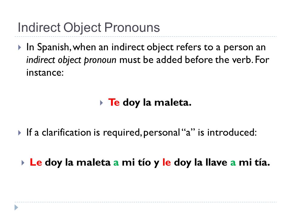 Indirect Object Pronouns  In Spanish, when an indirect object refers to a person an indirect object pronoun must be added before the verb.