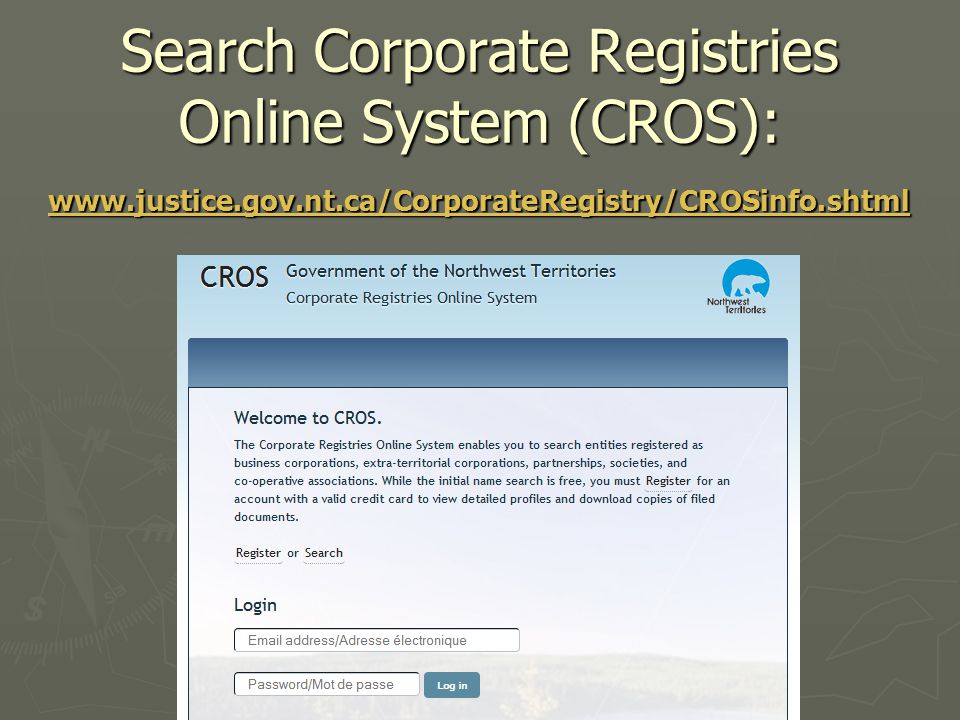 Search Corporate Registries Online System (CROS):
