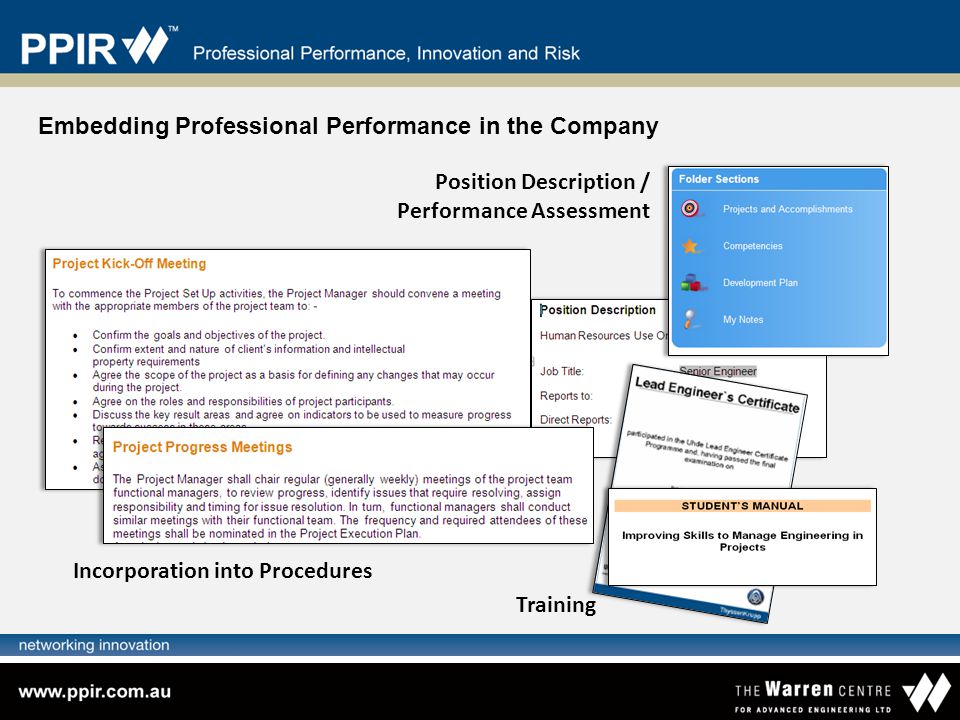 Embedding Professional Performance in the Company Position Description / Performance Assessment Incorporation into Procedures Training