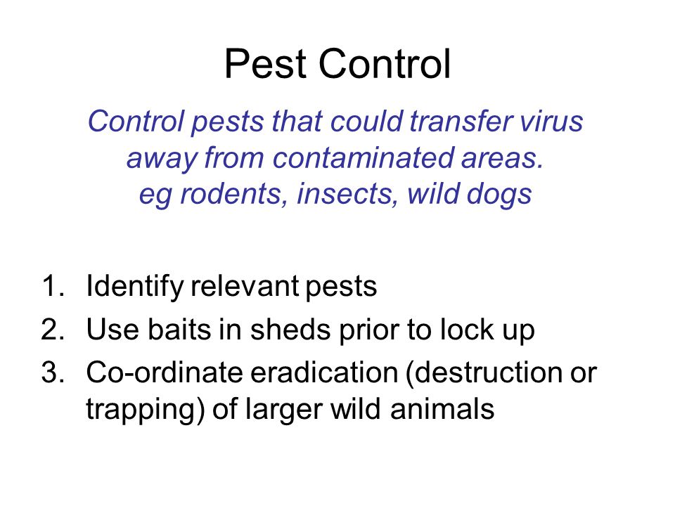 Pest Control 1.Identify relevant pests 2.Use baits in sheds prior to lock up 3.Co-ordinate eradication (destruction or trapping) of larger wild animals Control pests that could transfer virus away from contaminated areas.