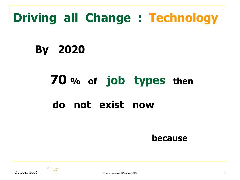 October By % of job types then do not exist now because Driving all Change : Technology
