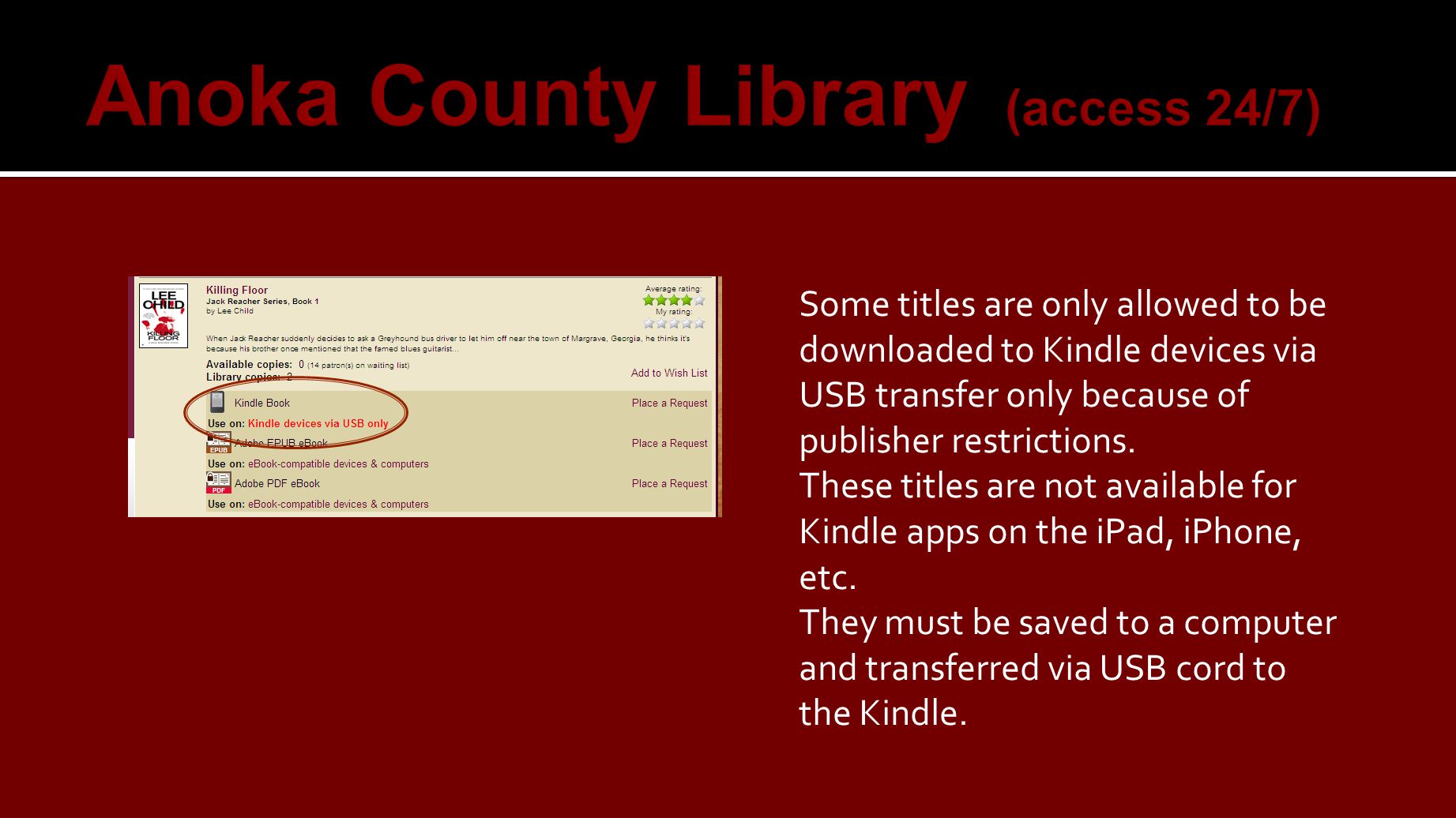 Some titles are only allowed to be downloaded to Kindle devices via USB transfer only because of publisher restrictions.