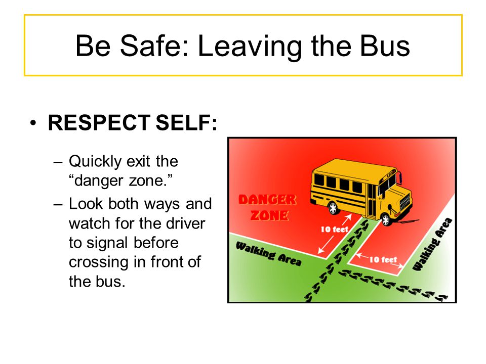 Be Safe: Leaving the Bus RESPECT SELF: –Quickly exit the danger zone. –Look both ways and watch for the driver to signal before crossing in front of the bus.