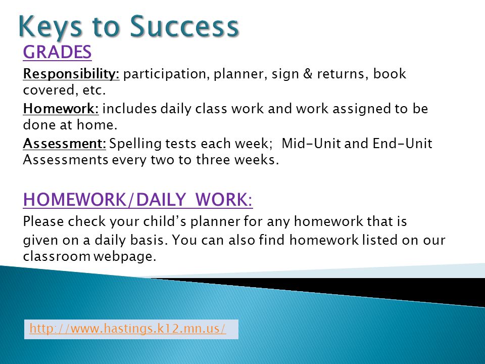 GRADES Responsibility: participation, planner, sign & returns, book covered, etc.