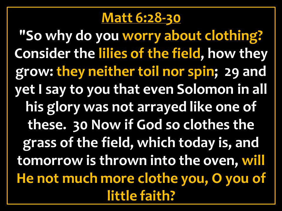 Matt 6:28-30 So why do you worry about clothing.