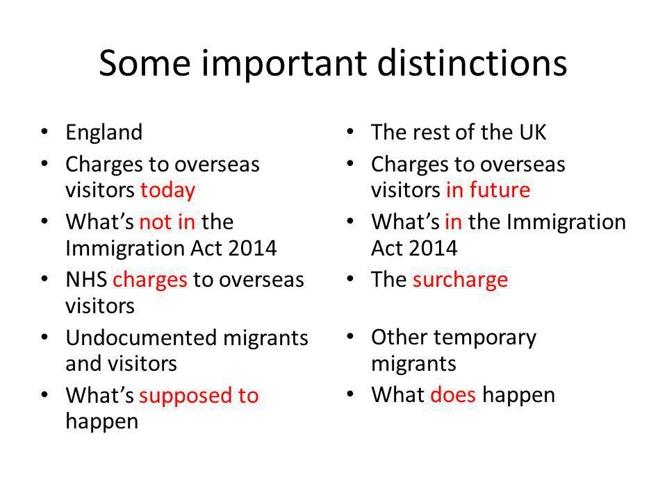 Some important distinctions England Charges to overseas visitors today What’s not in the Immigration Act 2014 NHS charges to overseas visitors Undocumented migrants and visitors What’s supposed to happen The rest of the UK Charges to overseas visitors in future What’s in the Immigration Act 2014 The surcharge Other temporary migrants What does happen