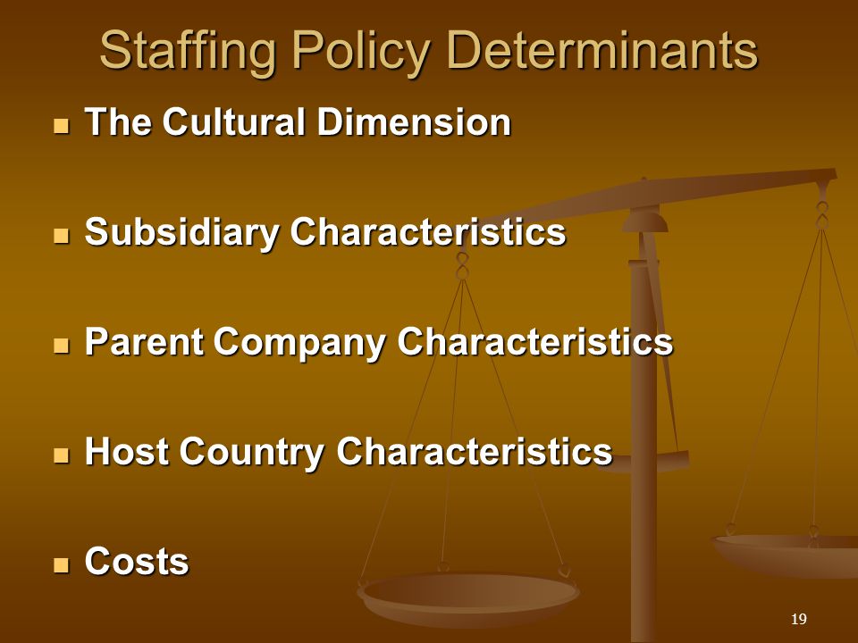 Staffing Policy Determinants The Cultural Dimension The Cultural Dimension Subsidiary Characteristics Subsidiary Characteristics Parent Company Characteristics Parent Company Characteristics Host Country Characteristics Host Country Characteristics Costs Costs 19