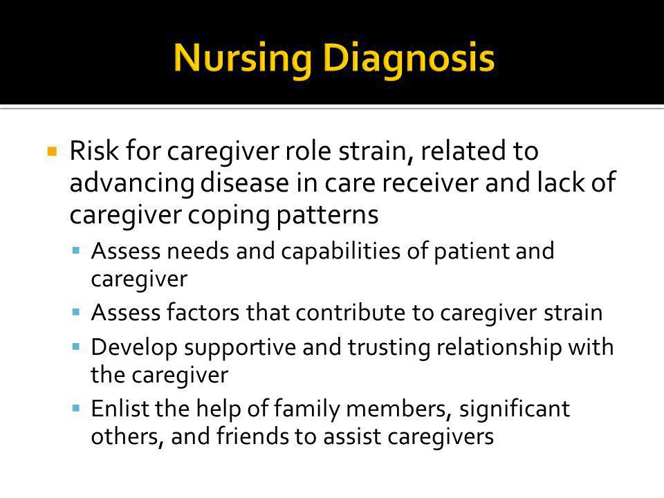 Risk for caregiver role strain, related to advancing disease in care 