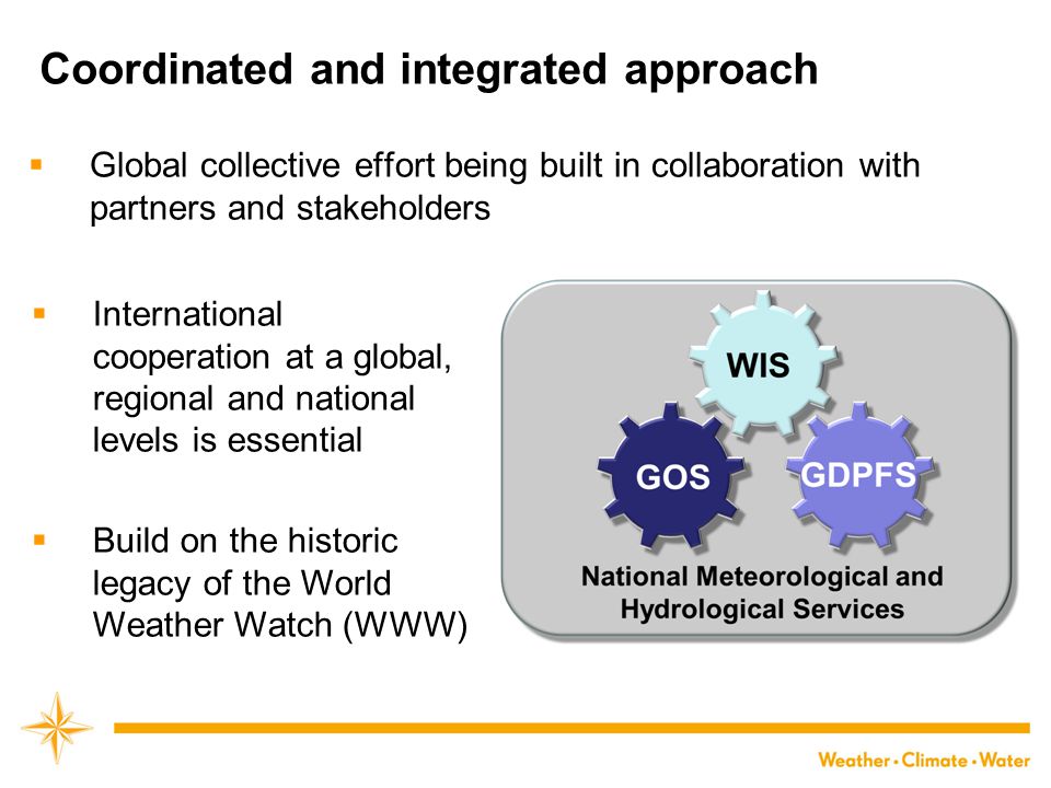 WMO Coordinated and integrated approach  Global collective effort being built in collaboration with partners and stakeholders  International cooperation at a global, regional and national levels is essential  Build on the historic legacy of the World Weather Watch (WWW)