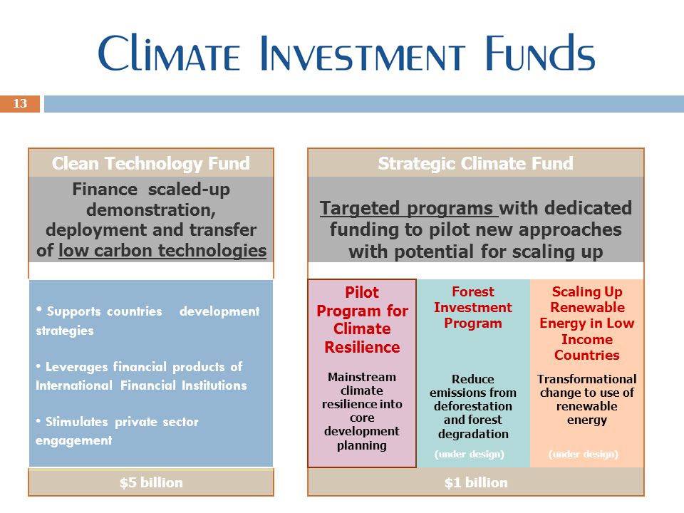 13 Clean Technology Fund Finance scaled-up demonstration, deployment and transfer of low carbon technologies $5 billion Strategic Climate Fund Targeted programs with dedicated funding to pilot new approaches with potential for scaling up Pilot Program for Climate Resilience Mainstream climate resilience into core development planning Forest Investment Program Reduce emissions from deforestation and forest degradation Scaling Up Renewable Energy in Low Income Countries Transformational change to use of renewable energy $1 billion (under design) Supports countries development strategies Leverages financial products of International Financial Institutions Stimulates private sector engagement