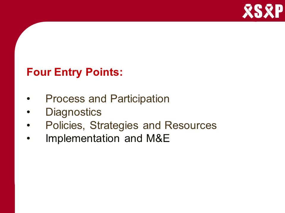 S P Four Entry Points: Process and Participation Diagnostics Policies, Strategies and Resources Implementation and M&E