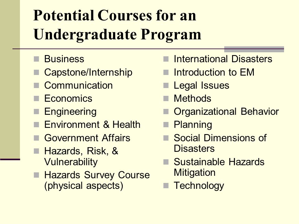 Potential Courses for an Undergraduate Program Business Capstone/Internship Communication Economics Engineering Environment & Health Government Affairs Hazards, Risk, & Vulnerability Hazards Survey Course (physical aspects) International Disasters Introduction to EM Legal Issues Methods Organizational Behavior Planning Social Dimensions of Disasters Sustainable Hazards Mitigation Technology
