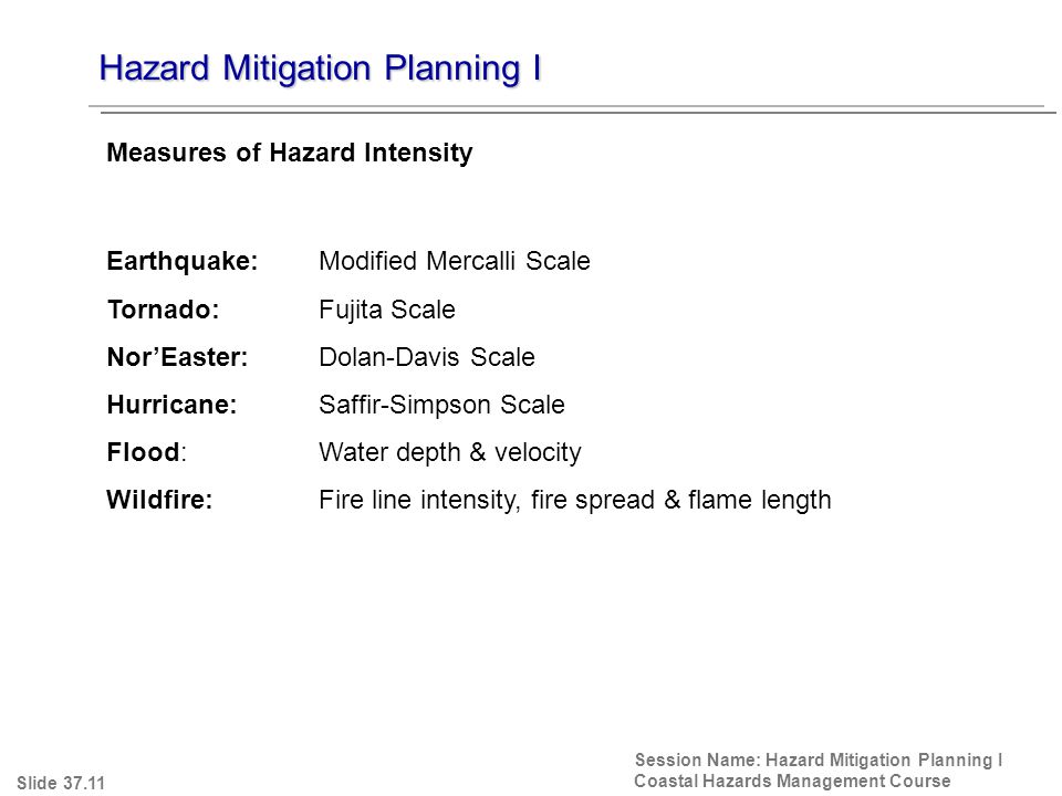 Hazard Mitigation Planning I Session Name: Hazard Mitigation Planning I Coastal Hazards Management Course Earthquake: Modified Mercalli Scale Tornado: Fujita Scale Nor’Easter: Dolan-Davis Scale Hurricane: Saffir-Simpson Scale Flood: Water depth & velocity Wildfire: Fire line intensity, fire spread & flame length Measures of Hazard Intensity Slide 37.11