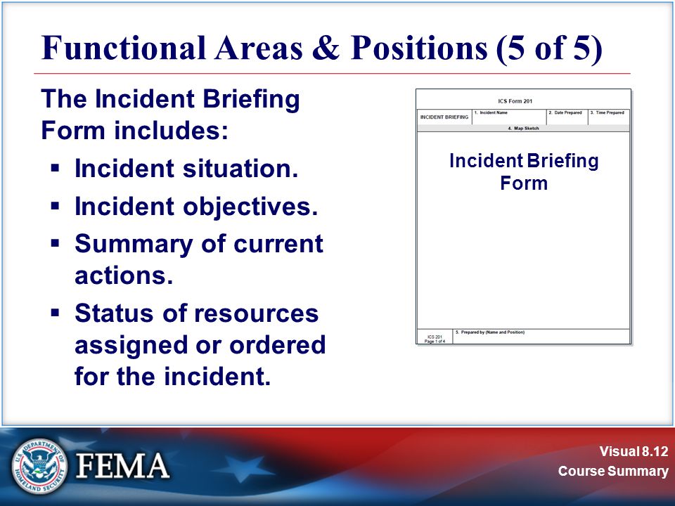 Visual 8.12 Course Summary The Incident Briefing Form includes:  Incident situation.