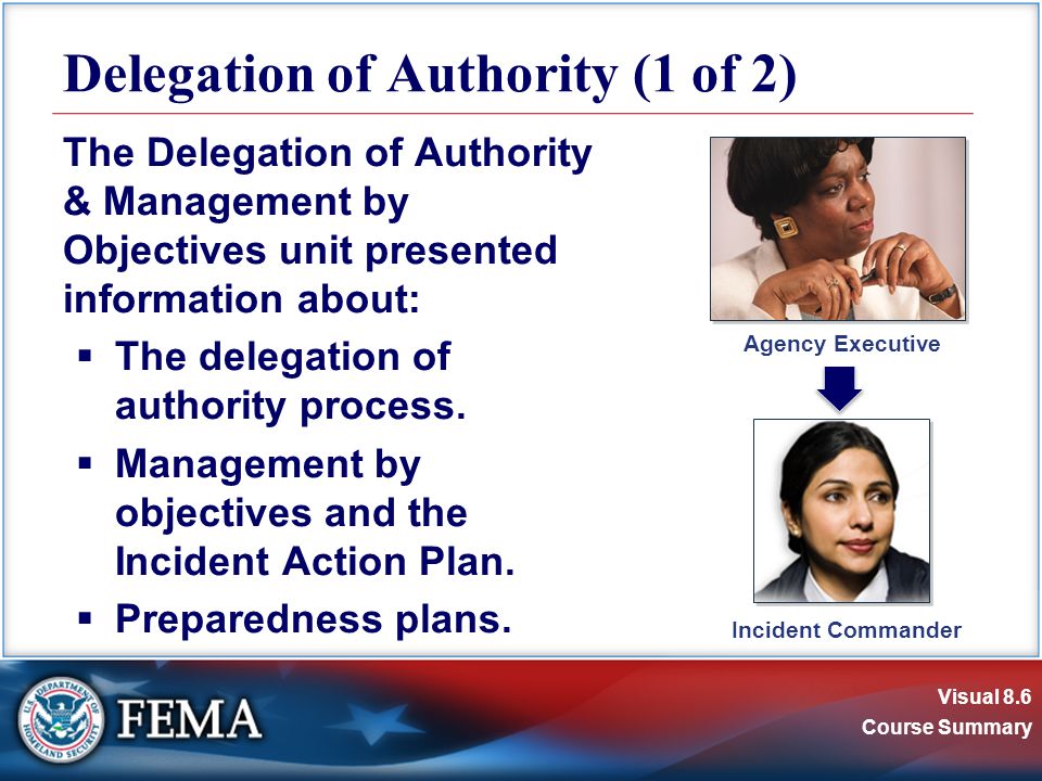 Visual 8.6 Course Summary The Delegation of Authority & Management by Objectives unit presented information about:  The delegation of authority process.
