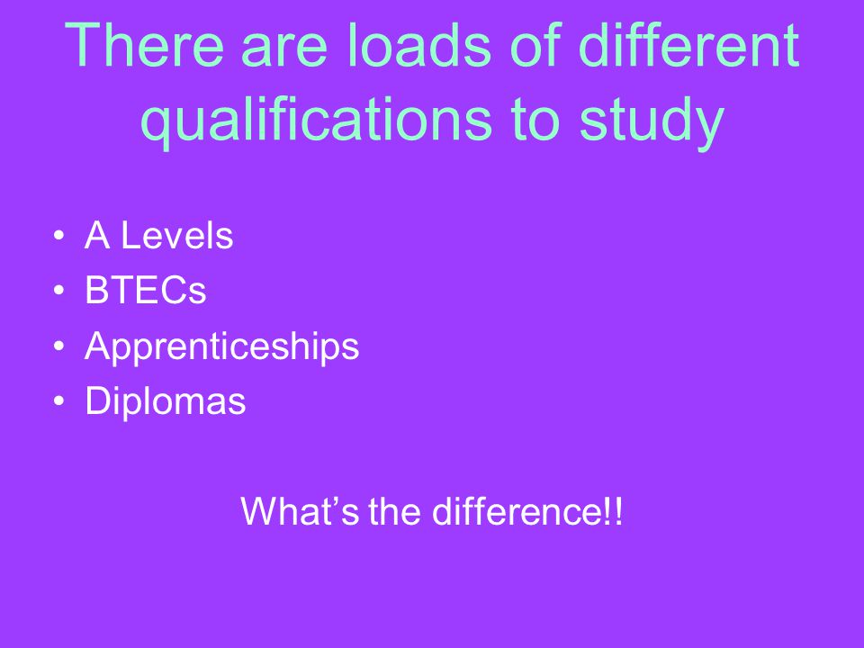 There are loads of different qualifications to study A Levels BTECs Apprenticeships Diplomas What’s the difference!!
