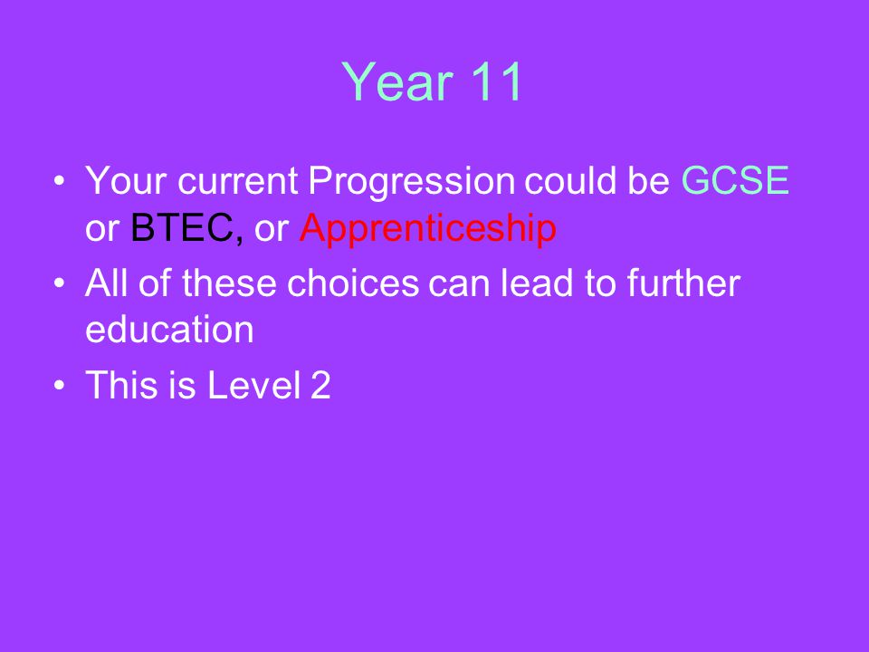 Year 11 Your current Progression could be GCSE or BTEC, or Apprenticeship All of these choices can lead to further education This is Level 2