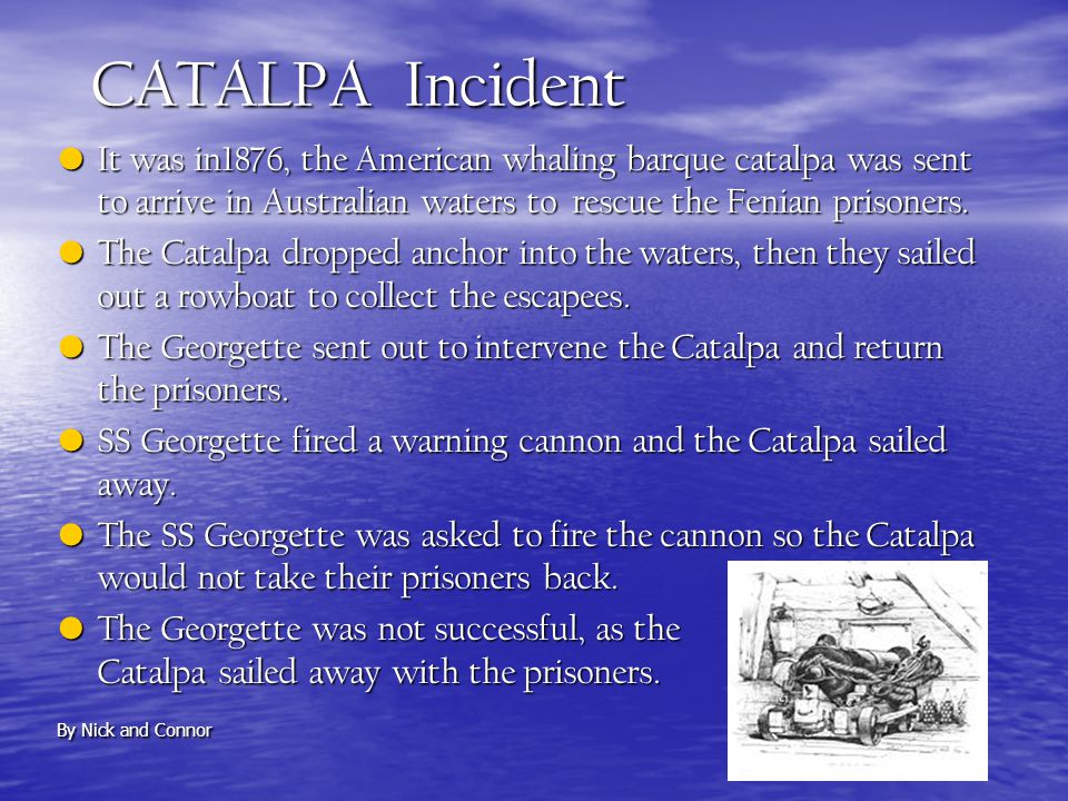 CATALPA Incident It was in1876, the American whaling barque catalpa was sent to arrive in Australian waters to rescue the Fenian prisoners.