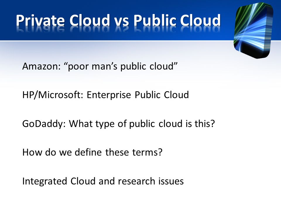 Amazon: poor man’s public cloud HP/Microsoft: Enterprise Public Cloud GoDaddy: What type of public cloud is this.