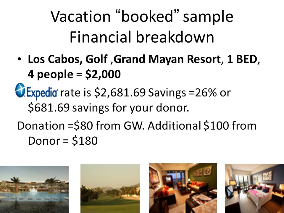Vacation booked sample Financial breakdown Los Cabos, Golf,Grand Mayan Resort, 1 BED, 4 people = $2,000 rate is $2, Savings =26% or $ savings for your donor.