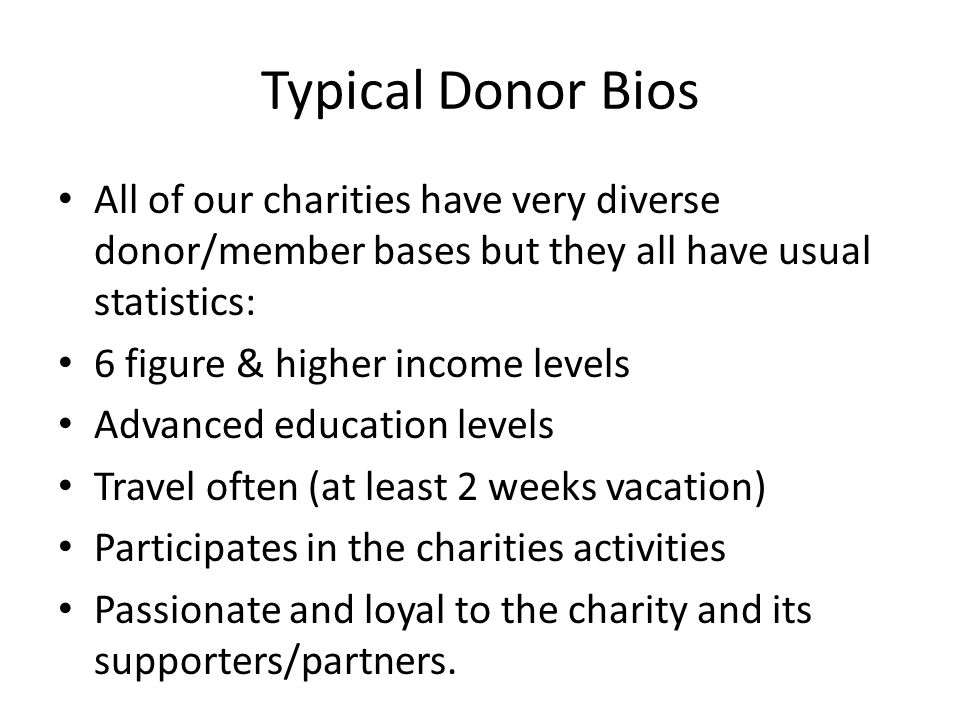 Typical Donor Bios All of our charities have very diverse donor/member bases but they all have usual statistics: 6 figure & higher income levels Advanced education levels Travel often (at least 2 weeks vacation) Participates in the charities activities Passionate and loyal to the charity and its supporters/partners.
