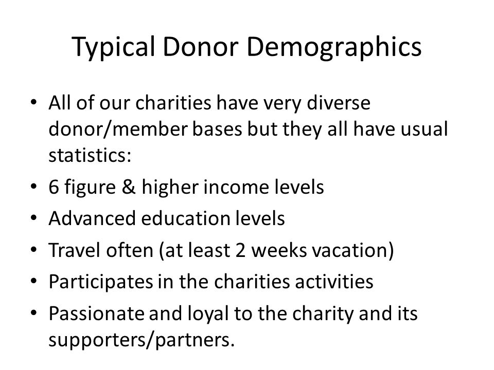 Typical Donor Demographics All of our charities have very diverse donor/member bases but they all have usual statistics: 6 figure & higher income levels Advanced education levels Travel often (at least 2 weeks vacation) Participates in the charities activities Passionate and loyal to the charity and its supporters/partners.