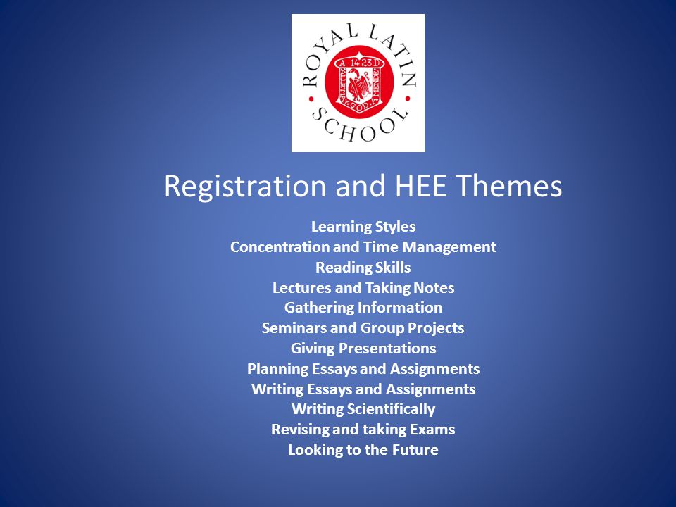 Registration and HEE Themes Learning Styles Concentration and Time Management Reading Skills Lectures and Taking Notes Gathering Information Seminars and Group Projects Giving Presentations Planning Essays and Assignments Writing Essays and Assignments Writing Scientifically Revising and taking Exams Looking to the Future