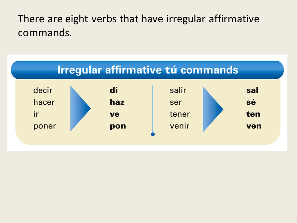 There are eight verbs that have irregular affirmative commands.