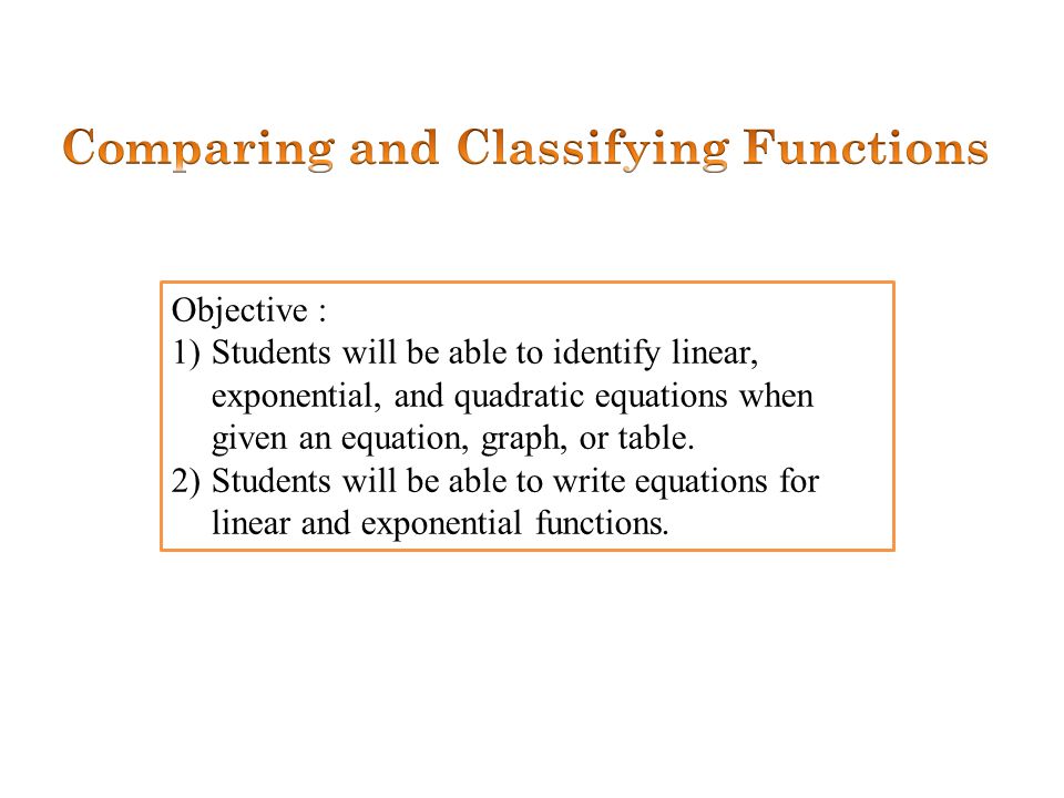 Objective 1 Students Will Be Able To Identify Linear Objective 1 Students Will Be Able To Identify Linear Exponential And Quadratic