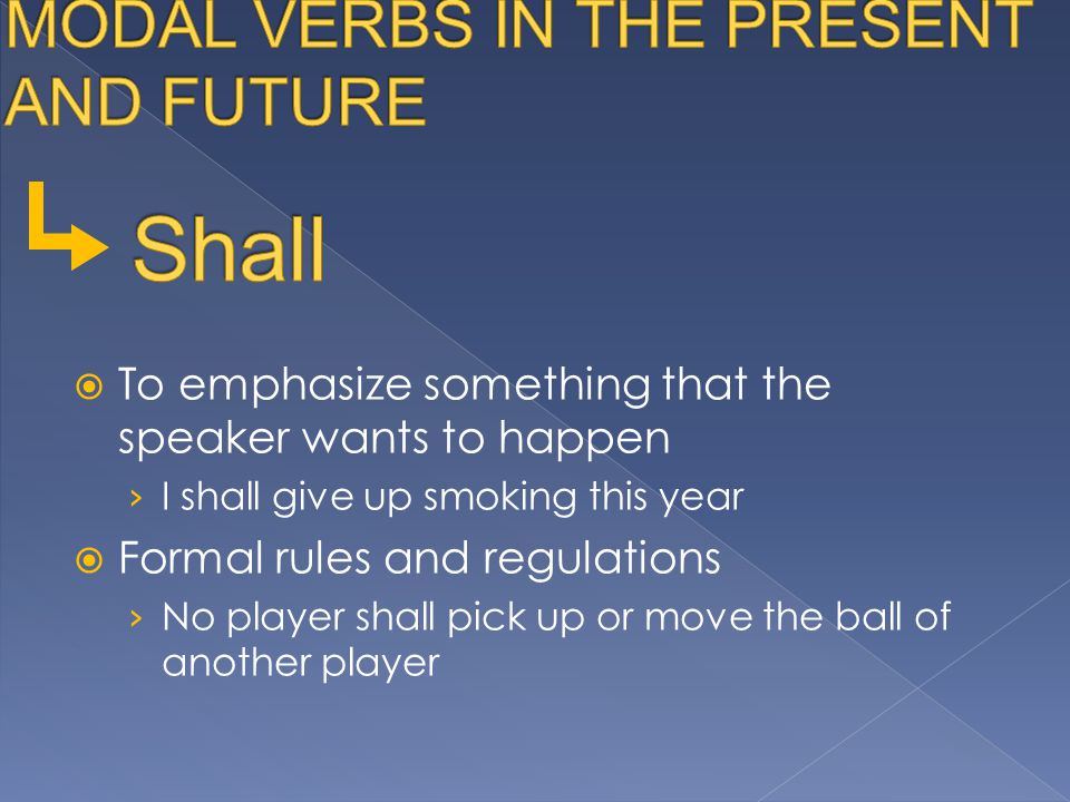  To emphasize something that the speaker wants to happen › I shall give up smoking this year  Formal rules and regulations › No player shall pick up or move the ball of another player