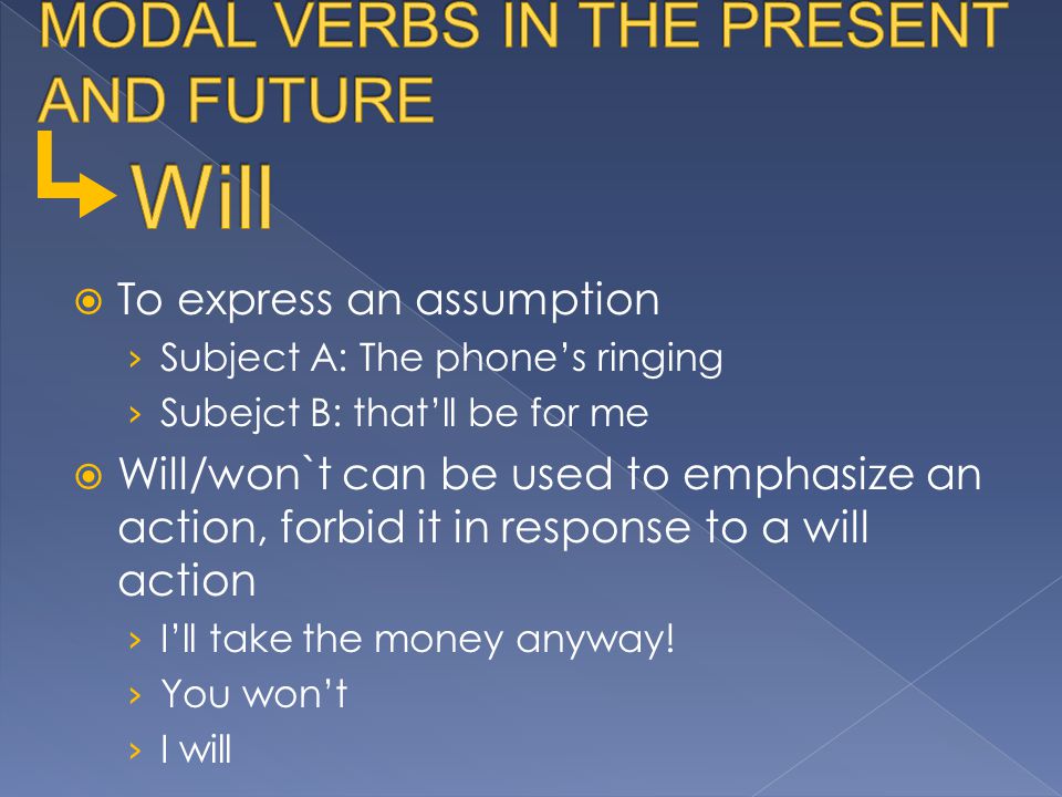  To express an assumption › Subject A: The phone’s ringing › Subejct B: that’ll be for me  Will/won`t can be used to emphasize an action, forbid it in response to a will action › I’ll take the money anyway.