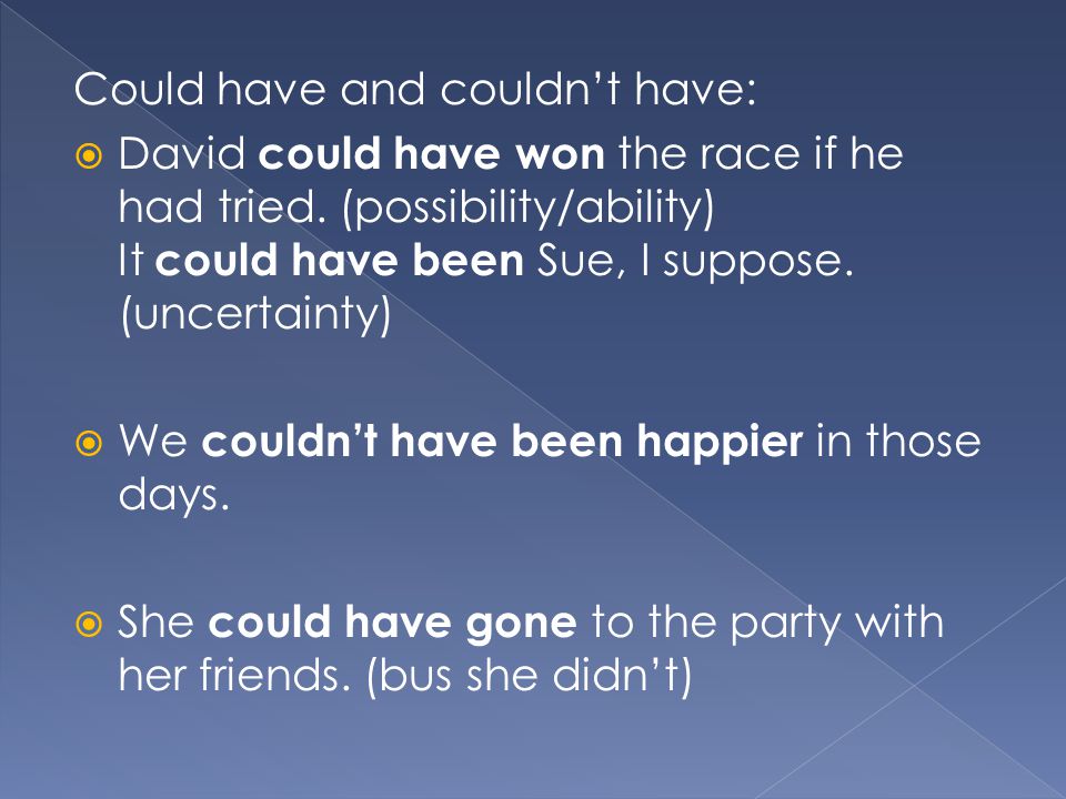 Could have and couldn’t have:  David could have won the race if he had tried.