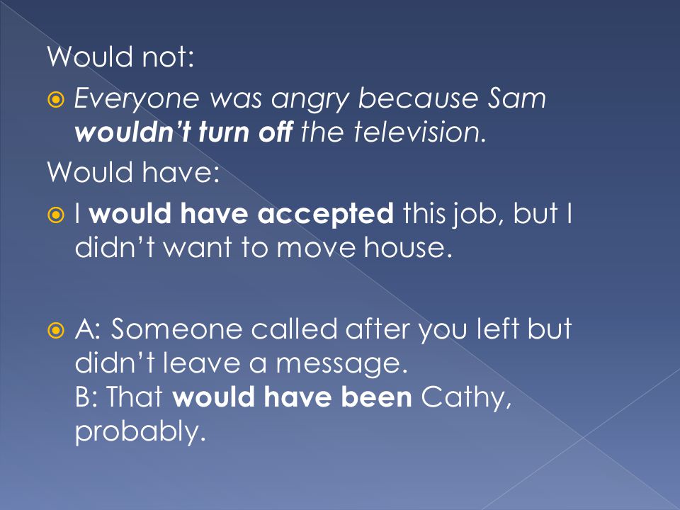Would not:  Everyone was angry because Sam wouldn’t turn off the television.