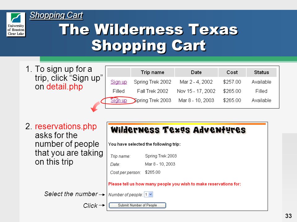 33 The Wilderness Texas Shopping Cart 1.To sign up for a trip, click Sign up on detail.php Shopping Cart 2.reservations.php asks for the number of people that you are taking on this trip Select the number Click