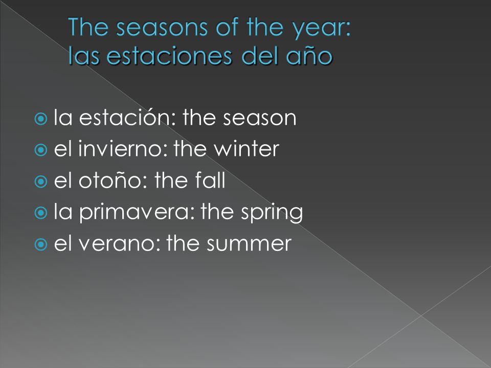  la estación: the season  el invierno: the winter  el otoño: the fall  la primavera: the spring  el verano: the summer