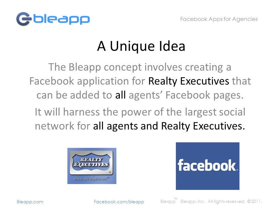 A Unique Idea The Bleapp concept involves creating a Facebook application for Realty Executives that can be added to all agents’ Facebook pages.