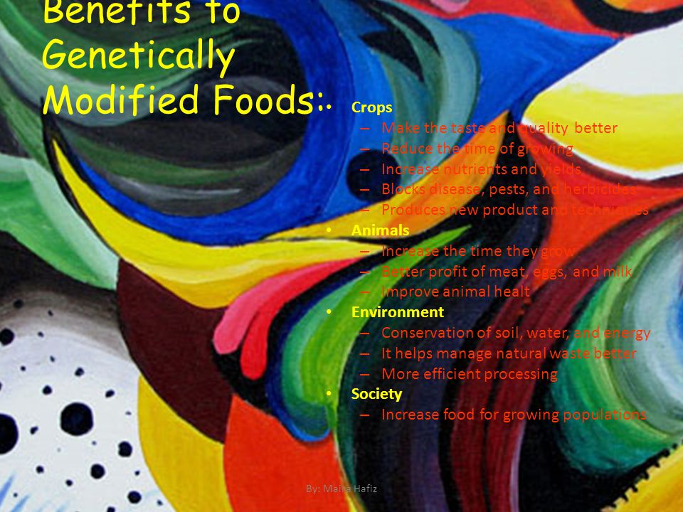 Benefits to Genetically Modified Foods: Crops – Make the taste and quality better – Reduce the time of growing – Increase nutrients and yields – Blocks disease, pests, and herbicides – Produces new product and techniques Animals – Increase the time they grow – Better profit of meat, eggs, and milk – Improve animal healt Environment – Conservation of soil, water, and energy – It helps manage natural waste better – More efficient processing Society – Increase food for growing populations By: Maira Hafiz