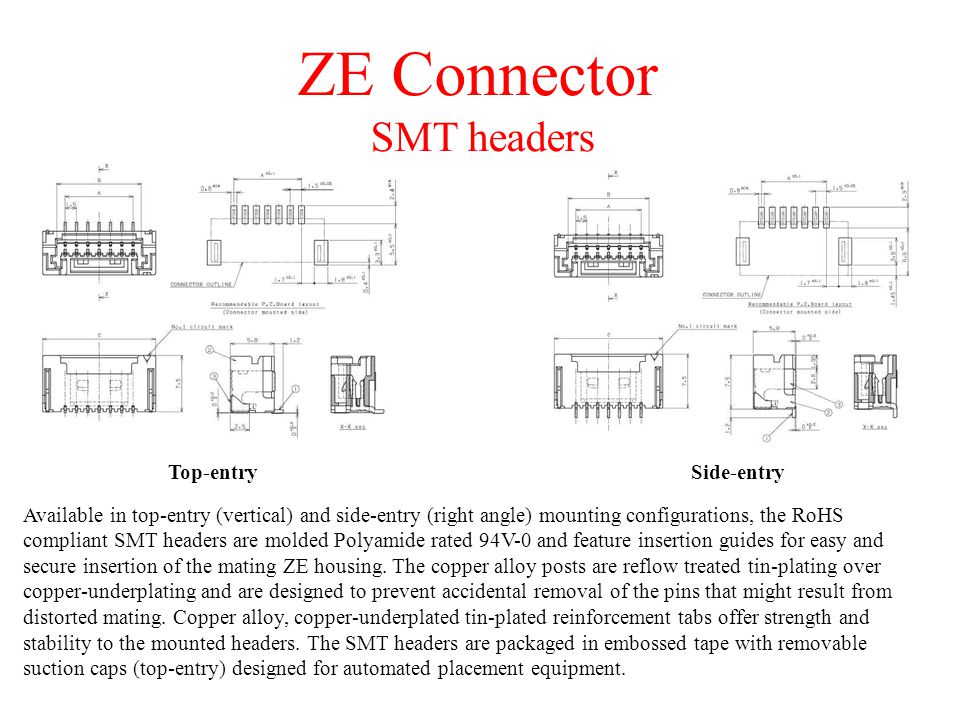 Available in top-entry (vertical) and side-entry (right angle) mounting configurations, the RoHS compliant SMT headers are molded Polyamide rated 94V-0 and feature insertion guides for easy and secure insertion of the mating ZE housing.
