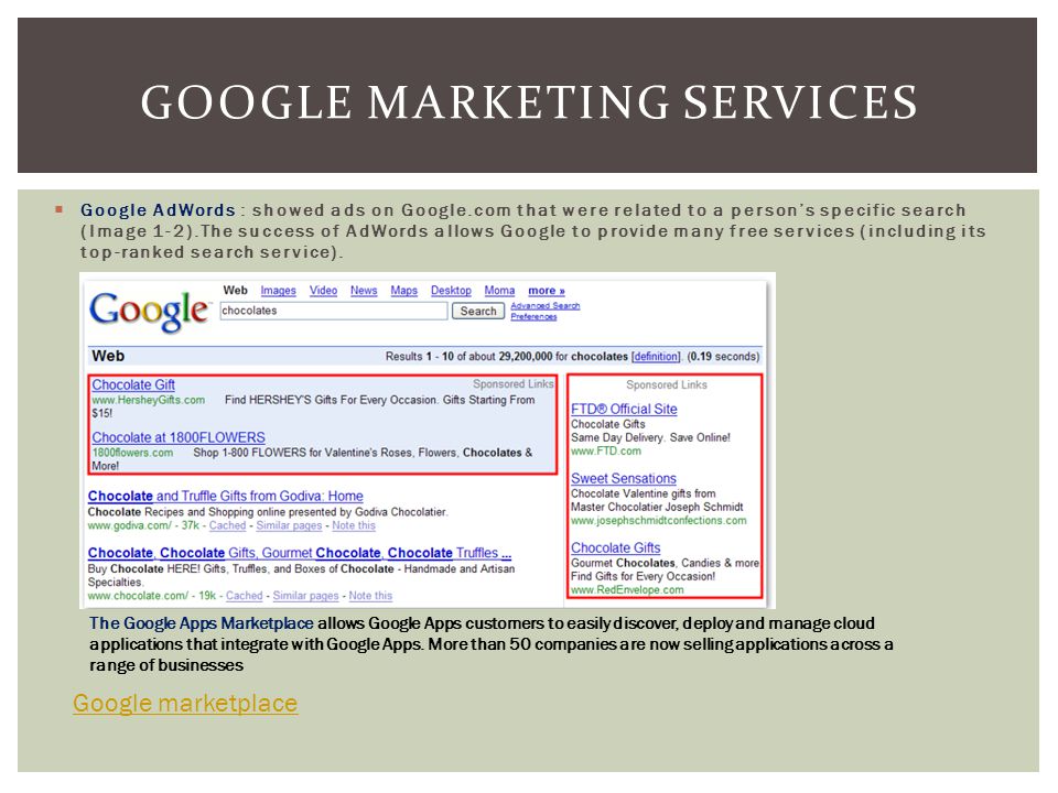  Google AdWords : showed ads on Google.com that were related to a person’s specific search (Image 1-2).The success of AdWords allows Google to provide many free services (including its top-ranked search service).