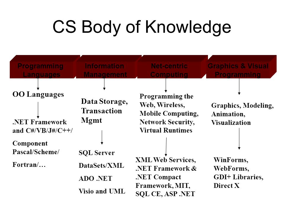 CS Body of Knowledge Programming Languages Information Management Net-centric Computing Graphics & Visual Programming.NET Framework and C#/VB/J#/C++/ Component Pascal/Scheme/ Fortran/… OO Languages SQL Server DataSets/XML ADO.NET Visio and UML Data Storage, Transaction Mgmt Programming the Web, Wireless, Mobile Computing, Network Security, Virtual Runtimes XML Web Services,.NET Framework &.NET Compact Framework, MIT, SQL CE, ASP.NET Graphics, Modeling, Animation, Visualization WinForms, WebForms, GDI+ Libraries, Direct X
