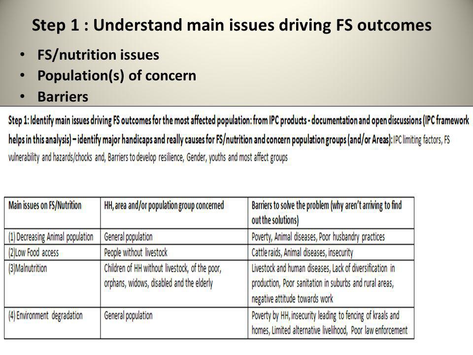 Step 1 : Understand main issues driving FS outcomes FS/nutrition issues Population(s) of concern Barriers