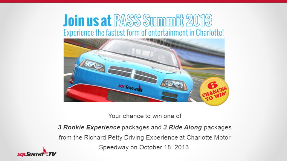Your chance to win one of 3 Rookie Experience packages and 3 Ride Along packages from the Richard Petty Driving Experience at Charlotte Motor Speedway on October 18, 2013.