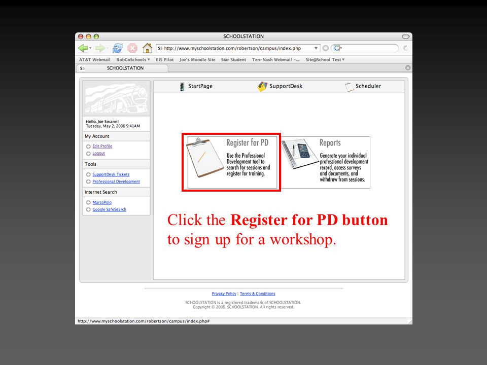 Click the Register for PD button to sign up for a workshop.