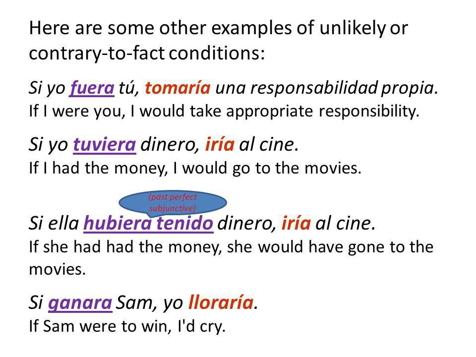 Here are some other examples of unlikely or contrary-to-fact conditions: Si yo fuera tú, tomaría una responsabilidad propia.